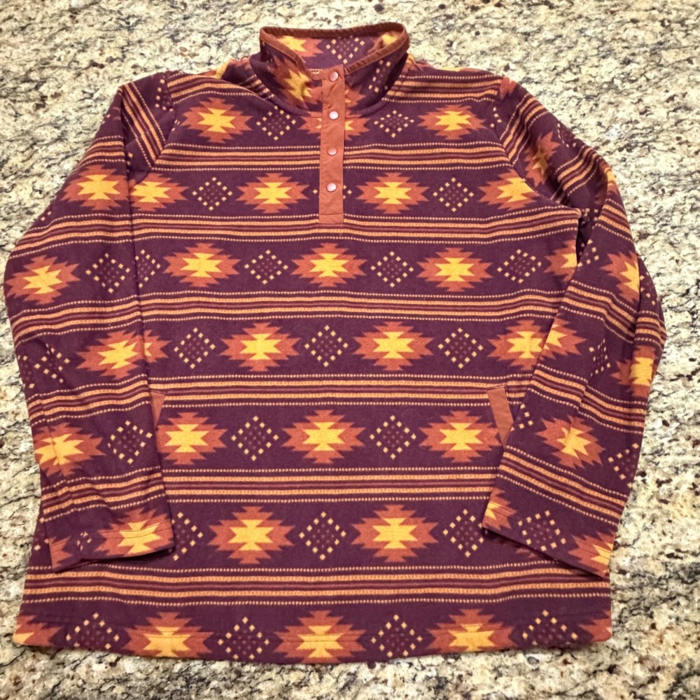 Duluth Trading Co Womens XL Fleece Pullover Southwestern Snap Neck Burgundy